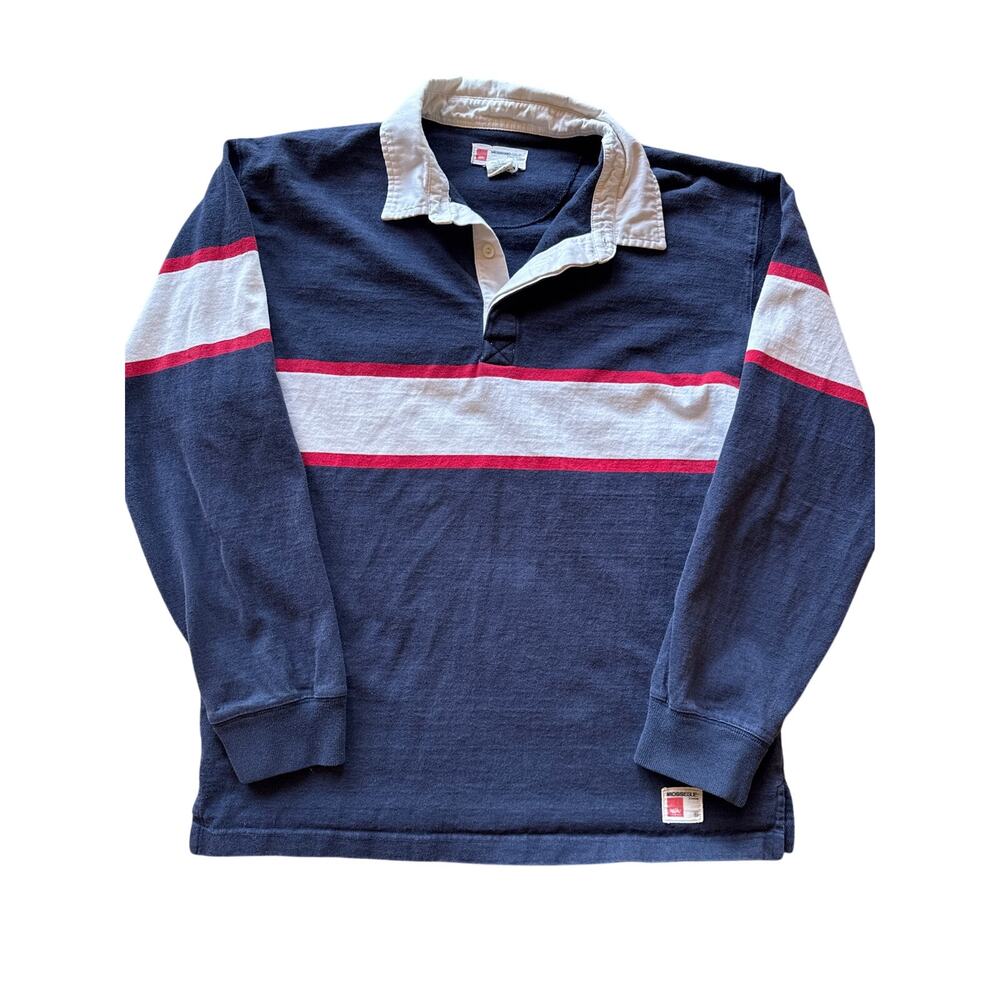 Vintage Mossimo Navy Blue White Red Striped Cotton Large Long Sleeve Rugby Shirt